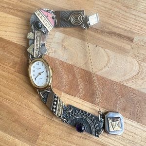 Artisan Sterling silver mixed material bracelet Timex oval watch NEW BATTERY